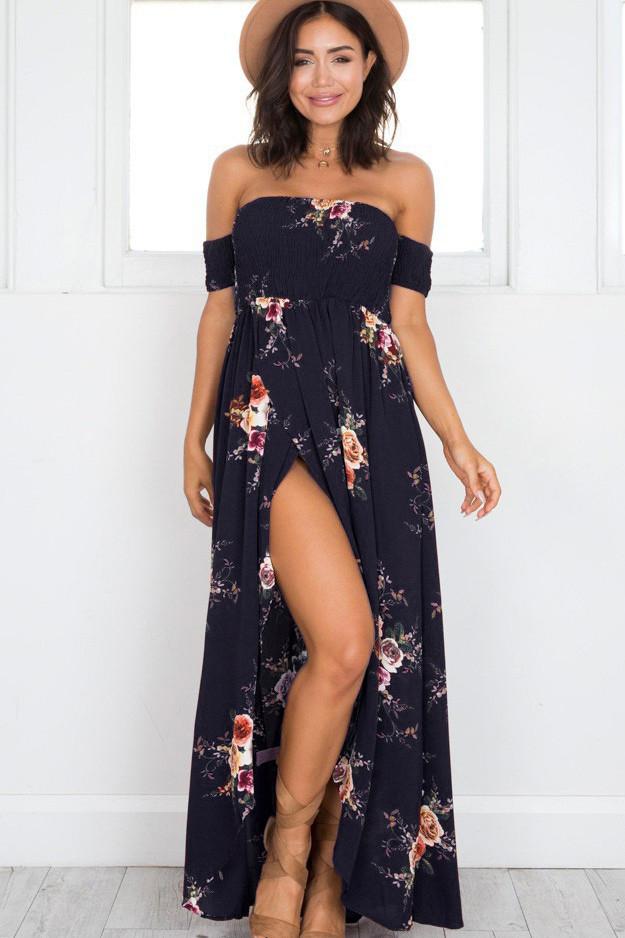 Off Shoulder Short Sleeves Low High Split Flower Print Long Beach Dress