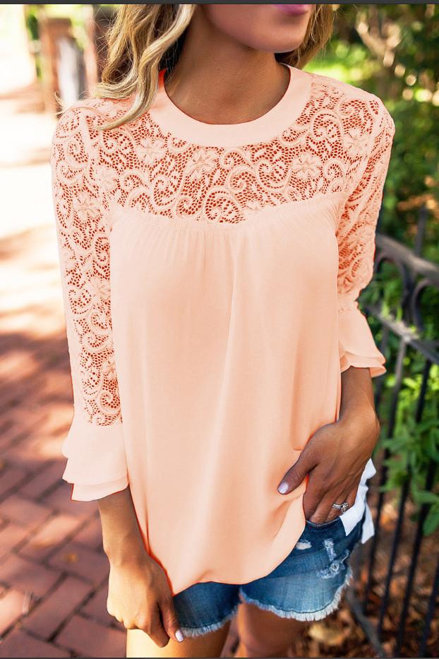 Pure Color Lace Chiffon Patchwork 3/4 Sleeves Blouse