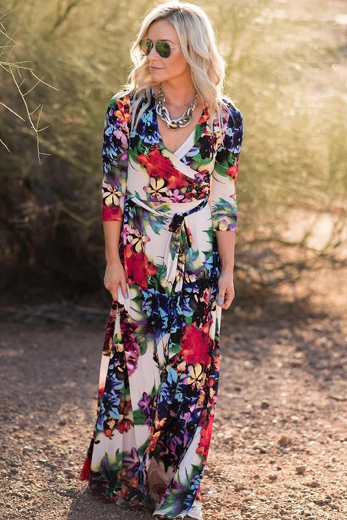 Floral Print V-neck 3/4 Sleeves Long Dress