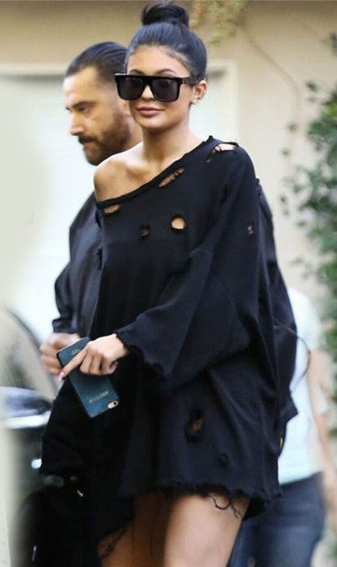 Hole Bat-wing Sleeves Scoop Pure Color Blouse