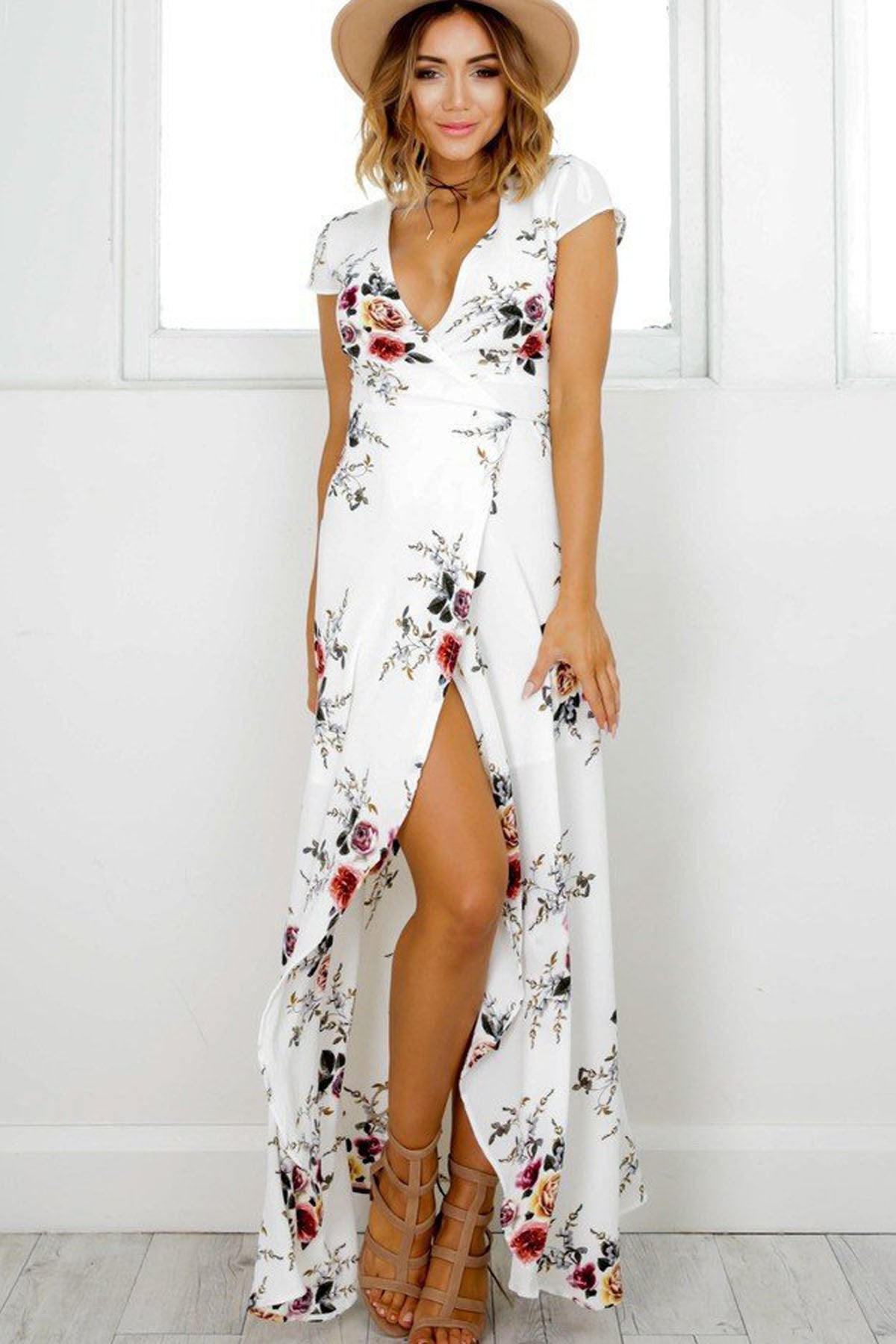 V-neck Flower Print Irregular Long Dress 