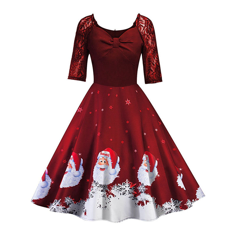 Retro Christmas Print Bow Decoration Dress