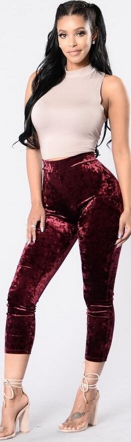 Women's High Waist Pleuche Elastic Slim 7/10 Pants