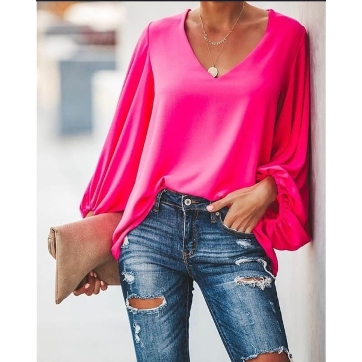 V-neck Loose Long Lantern Sleeves Blouse