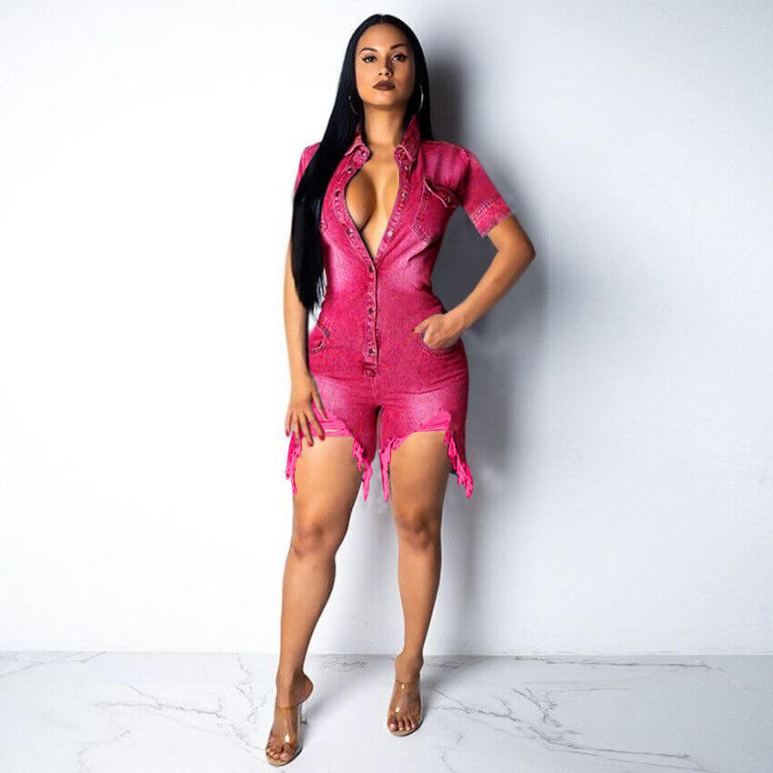 Sexy Denim Short Sleeve Ripped Bodycon Romper