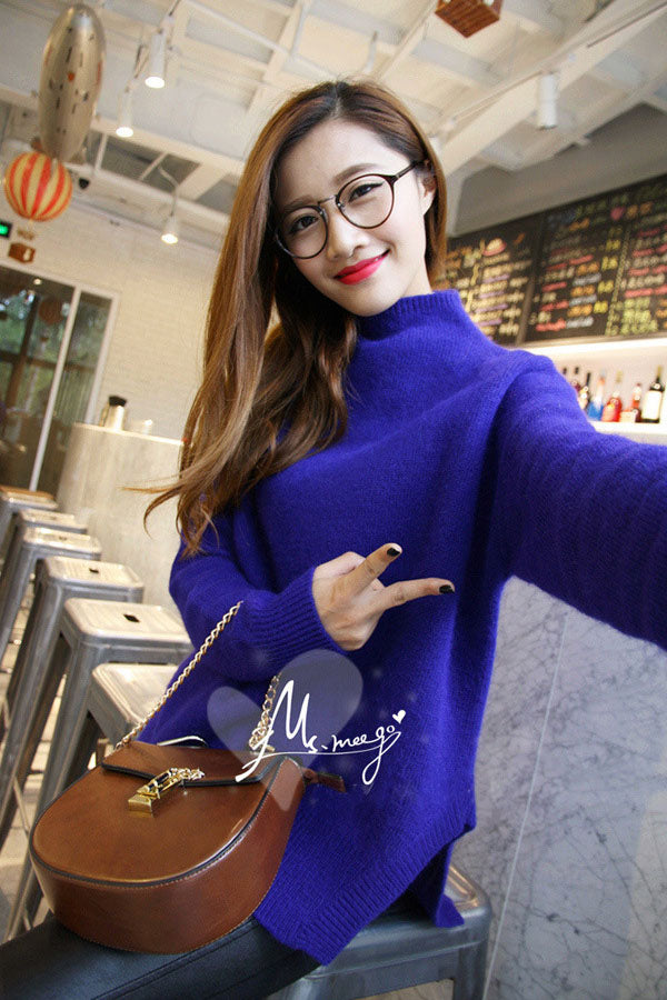 Warm High Neck Solid Color Side Split Long Sleeves Sweater