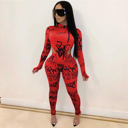 Sexy Long Sleeves Bodycon Letter Print Cutout Skinny Jumpsuits