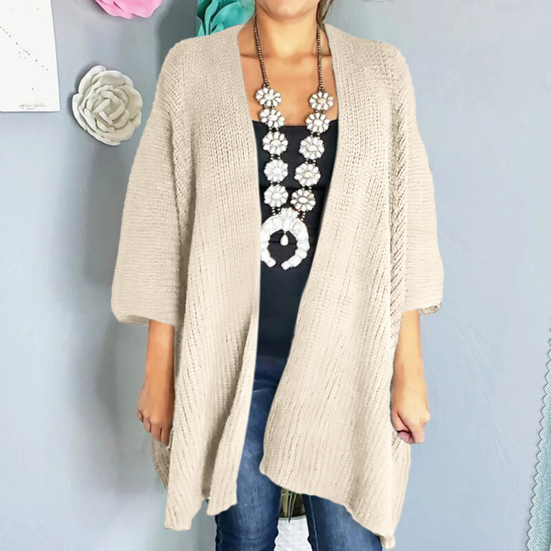 3/6 Sleeve Pure Color Knit Cardigan Sweater