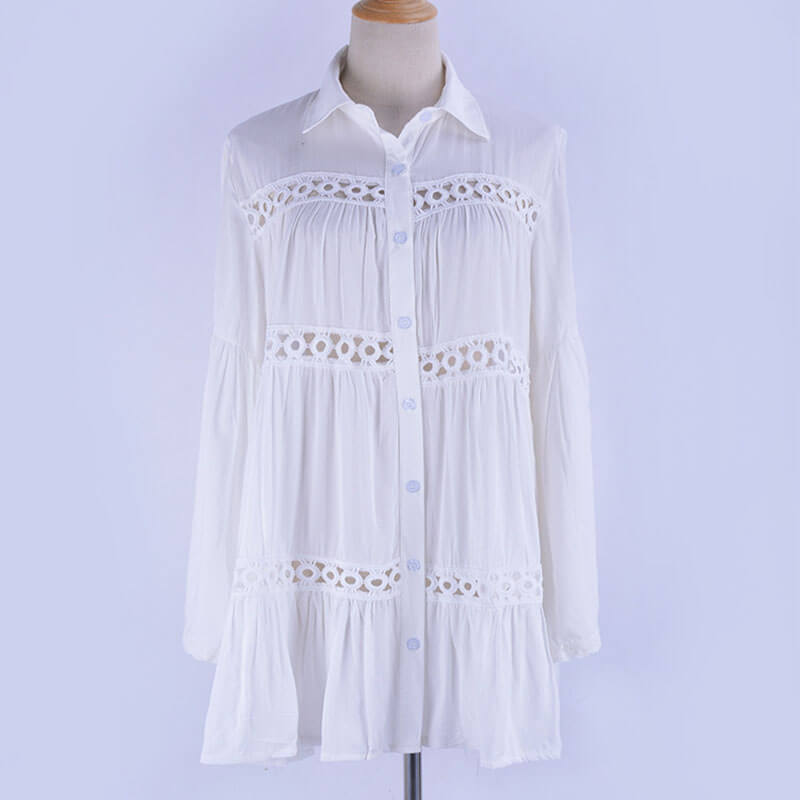 White Hollow Out Short Shirt Dress