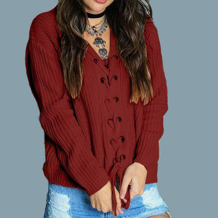 Oversized V Neck Lace-up Knit sweater