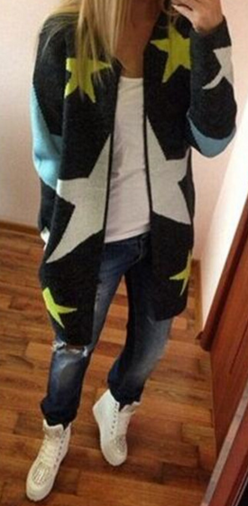 European Loose Long Cardigan Knit Print Sweater - May Your Fashion - 1