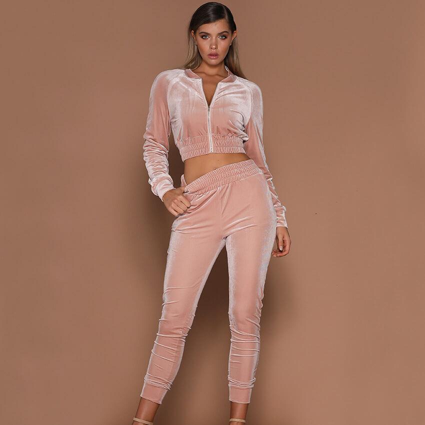 Zipper Deep V-neck Crop Top High Waist Skinny Pants Set