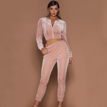 Zipper Deep V-neck Crop Top High Waist Skinny Pants Set