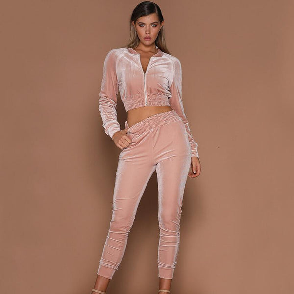 Zipper Deep V-neck Crop Top High Waist Skinny Pants Set