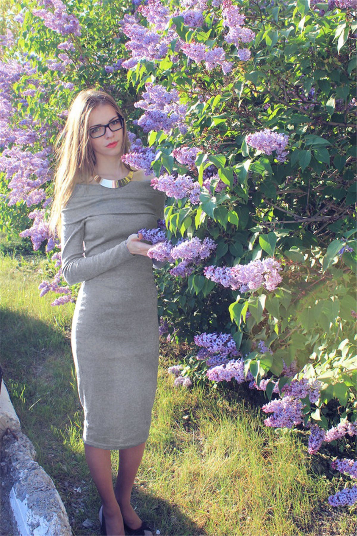 Off Shoulder Long Sleeves Pure Color Knee-length Dress