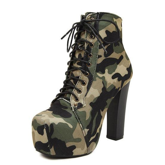 Camouflage Lace Up Platform Chunky High Heels Short Boots