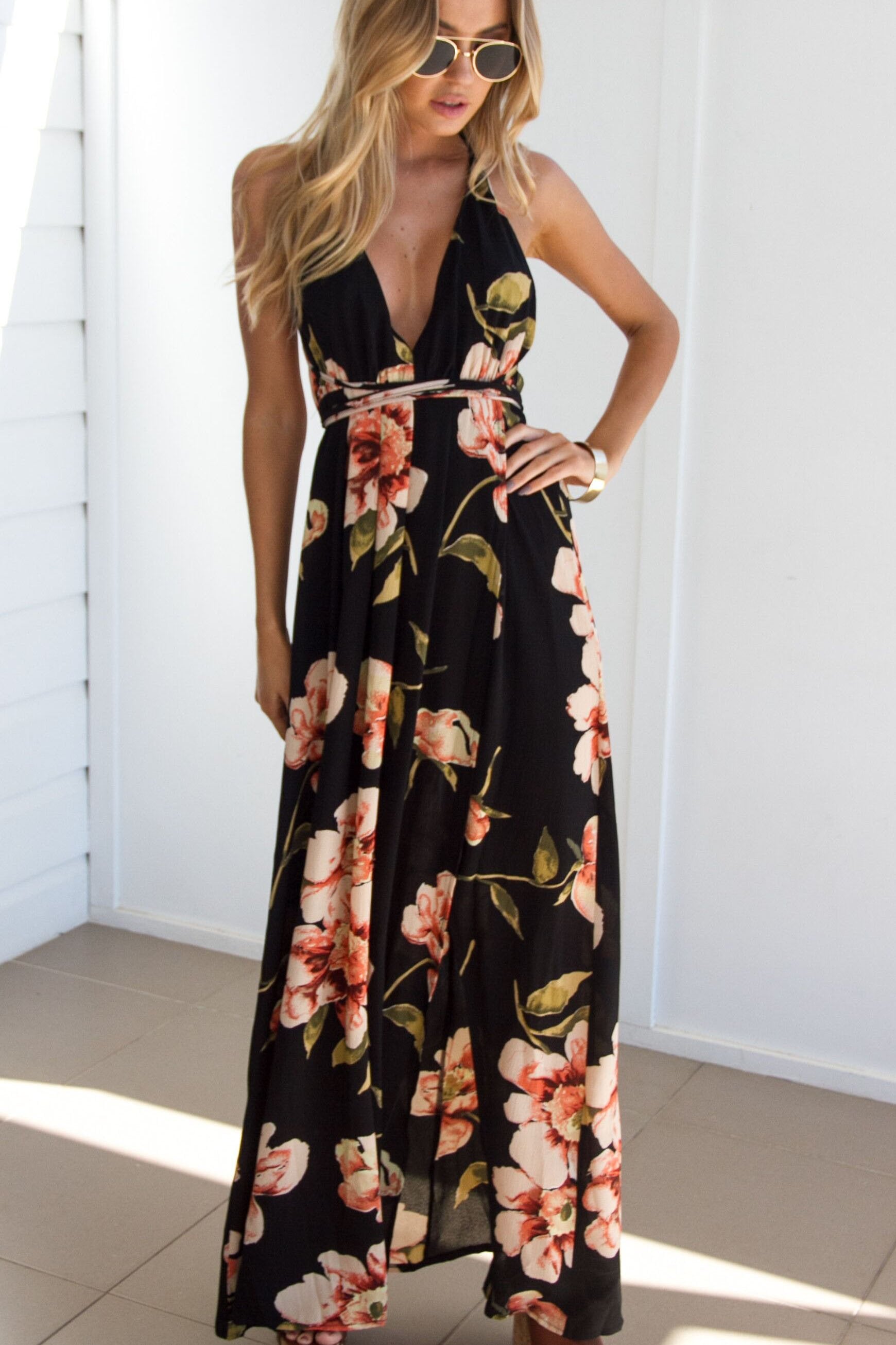 Flower Print V-neck Backless Sleeveless Long Dress