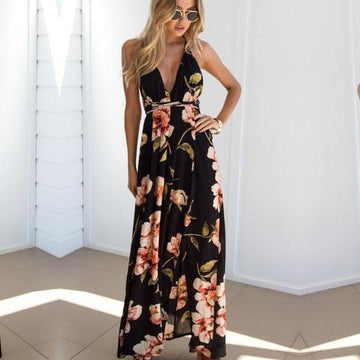 Flower Print V-neck Backless Sleeveless Long Dress