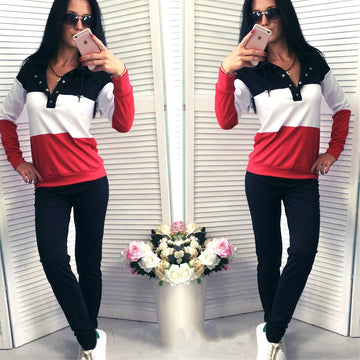Pure Color Splicing Blouse with Skinny Pants Two Pieces Set
