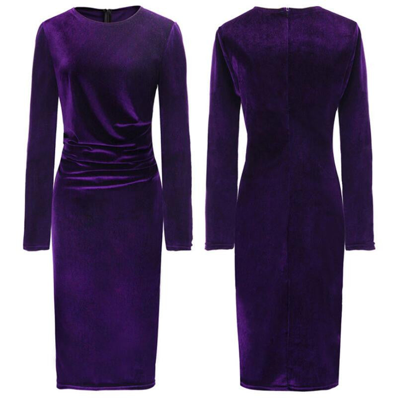 Fashion Velvet Scoop Long Sleeve Knee-Length Dress