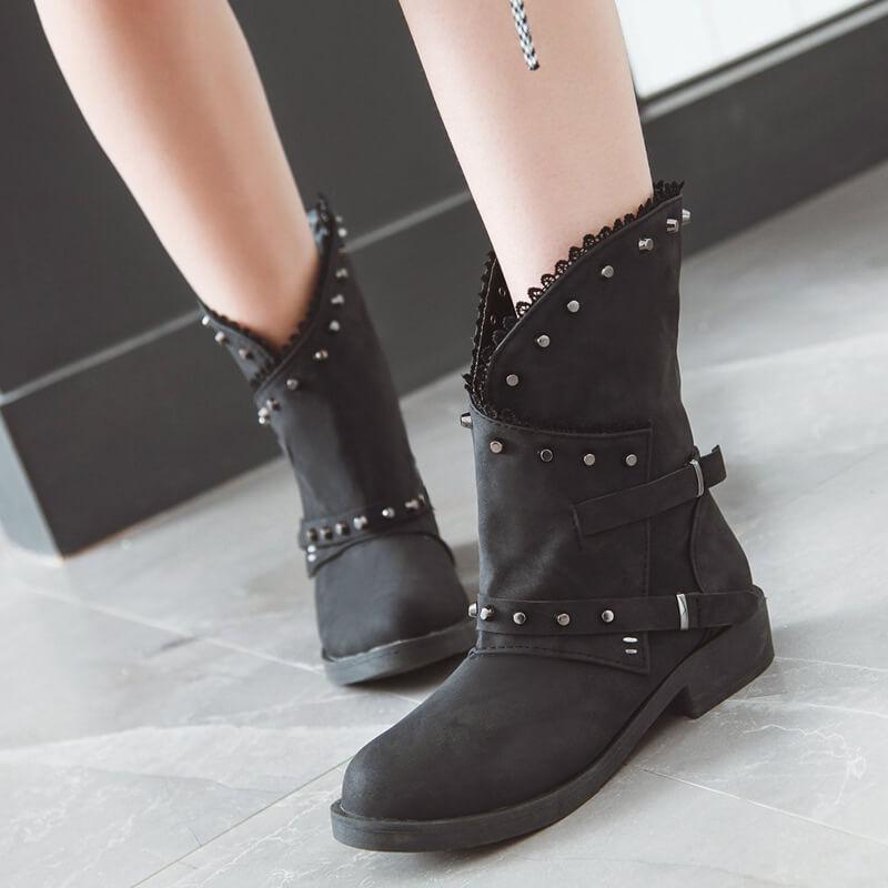 Leather Rivet Chunky Buckle Low Heel Calf Boots