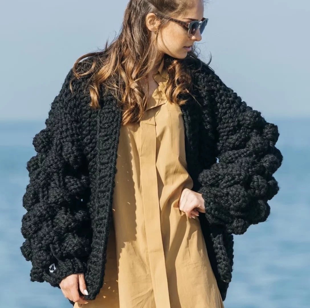 Handmade Knitwear Long Ball Bishop Sleeves Women Cardigan