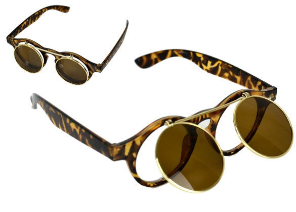 Women's Mens Retro Style Flip Up Round Steampunk Sunglasses