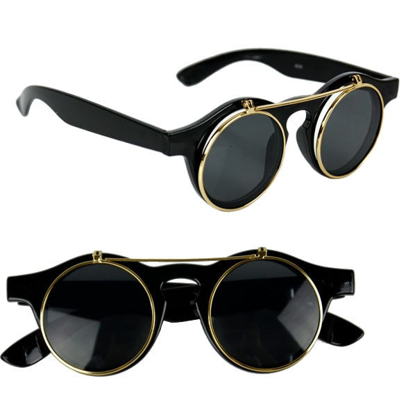 Women's Mens Retro Style Flip Up Round Steampunk Sunglasses