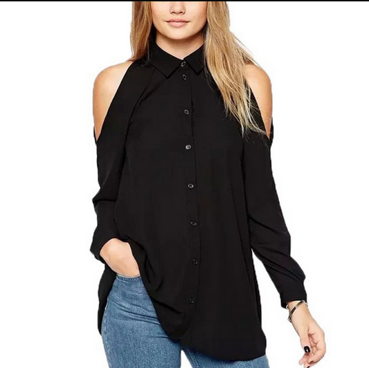 Shoulder Out Long Sleeves Pure Color Turn-down Collar Blouse
