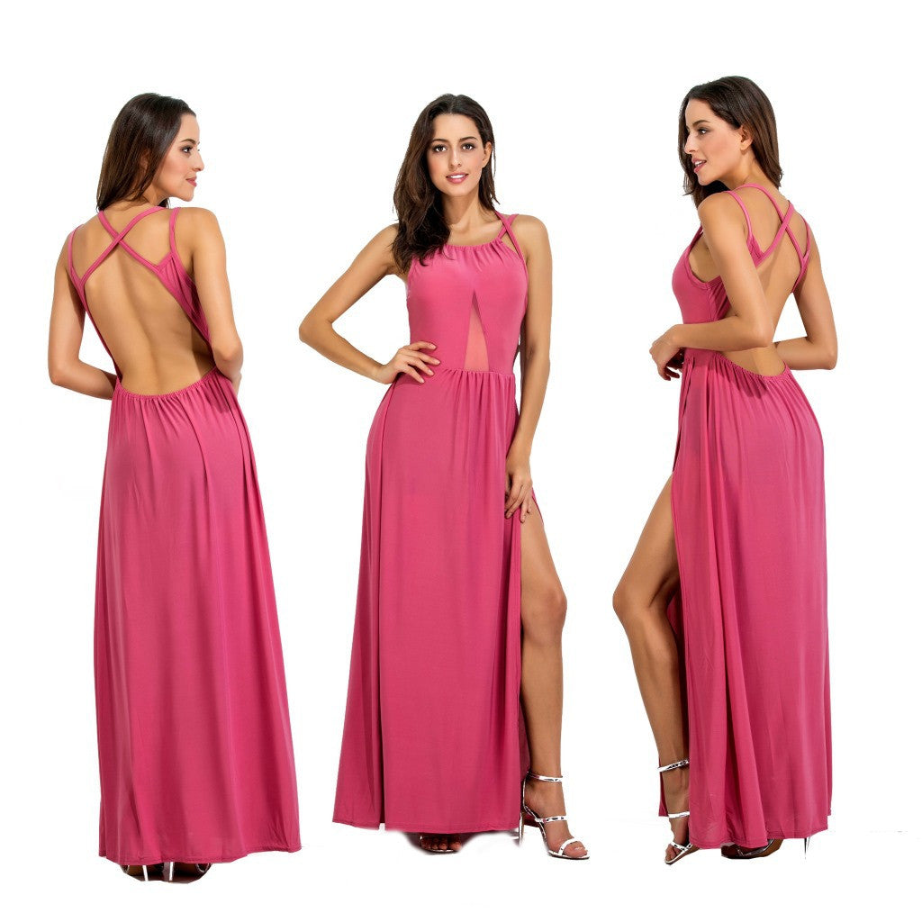 Pure Color Scoop Split Backless Long Party Dress