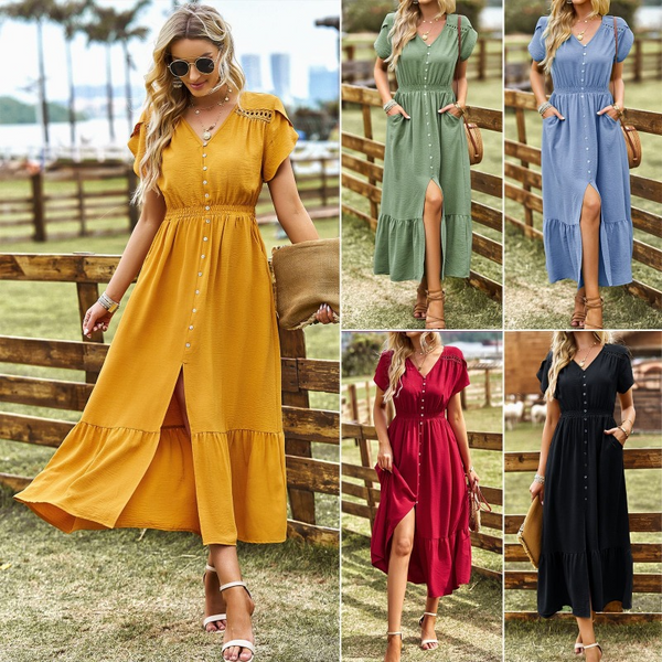 Summer Solid V-neck Style Longdress