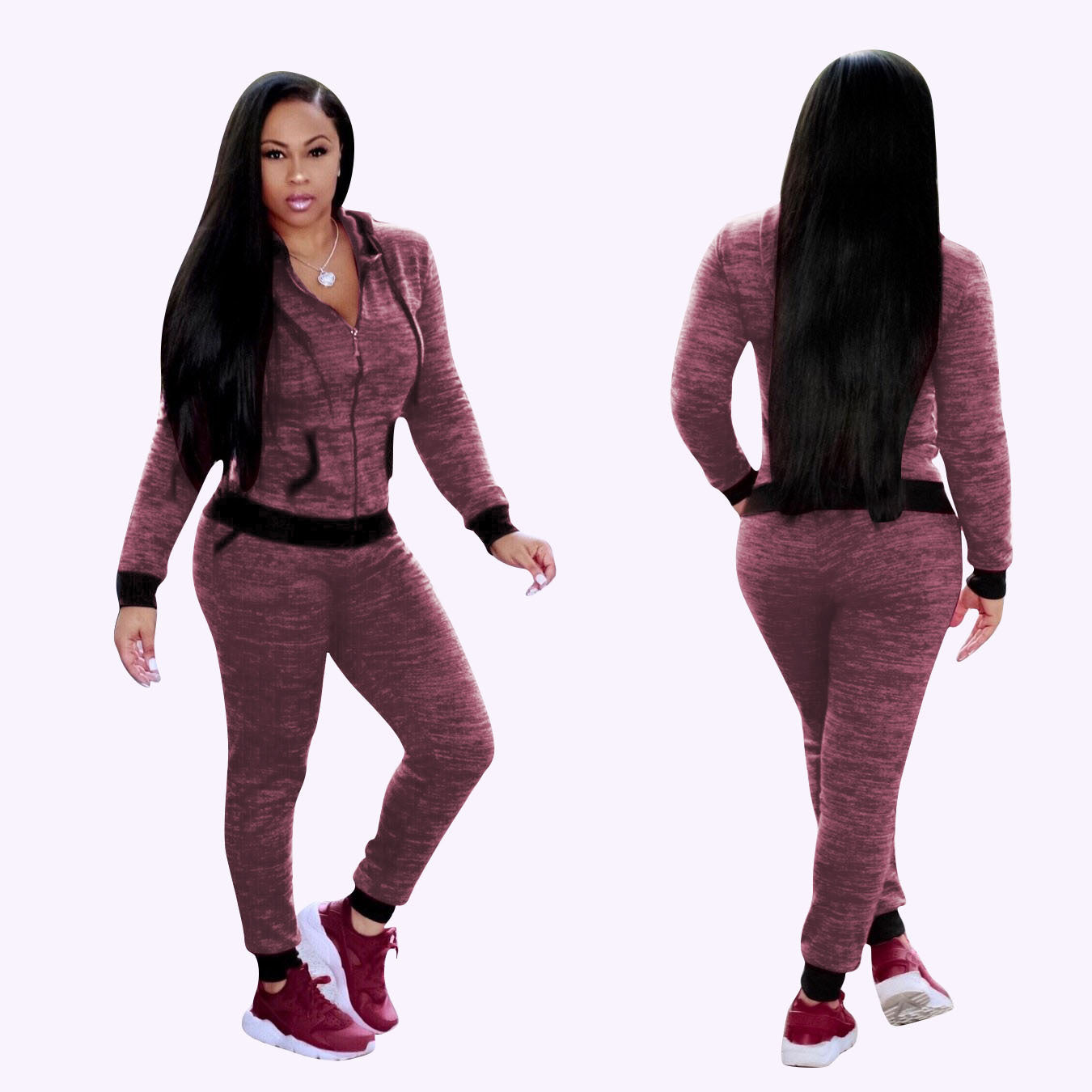 Zipper Slim Hoodie with Long Skinny Pants Two Pieces Sports Set