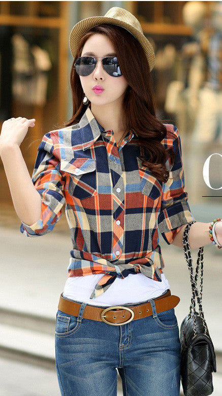 Turn-down Collar Plaid Flower Print Long Sleeves Slim Button Blouse ...