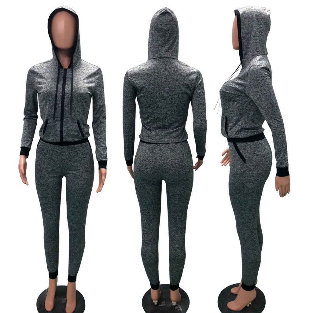 Zipper Slim Hoodie with Long Skinny Pants Two Pieces Sports Set