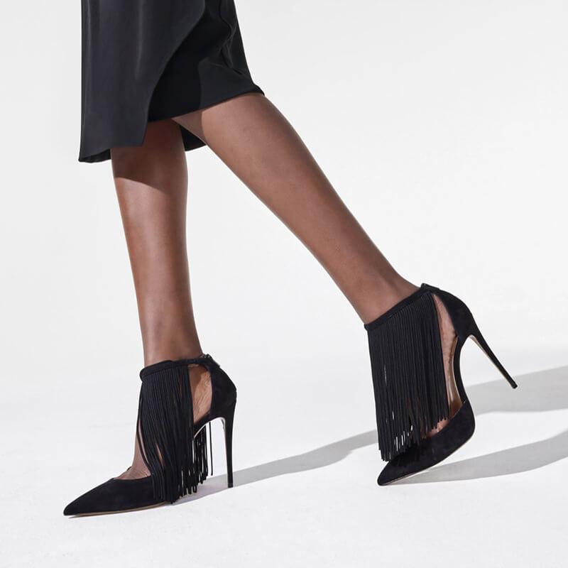 Sexy Suede Fringe Pointed Toe Zipper High Heels