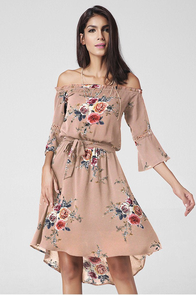 Off Shoulder Trumpet 3/4 Sleeves Irregular Flower Print Short Dress