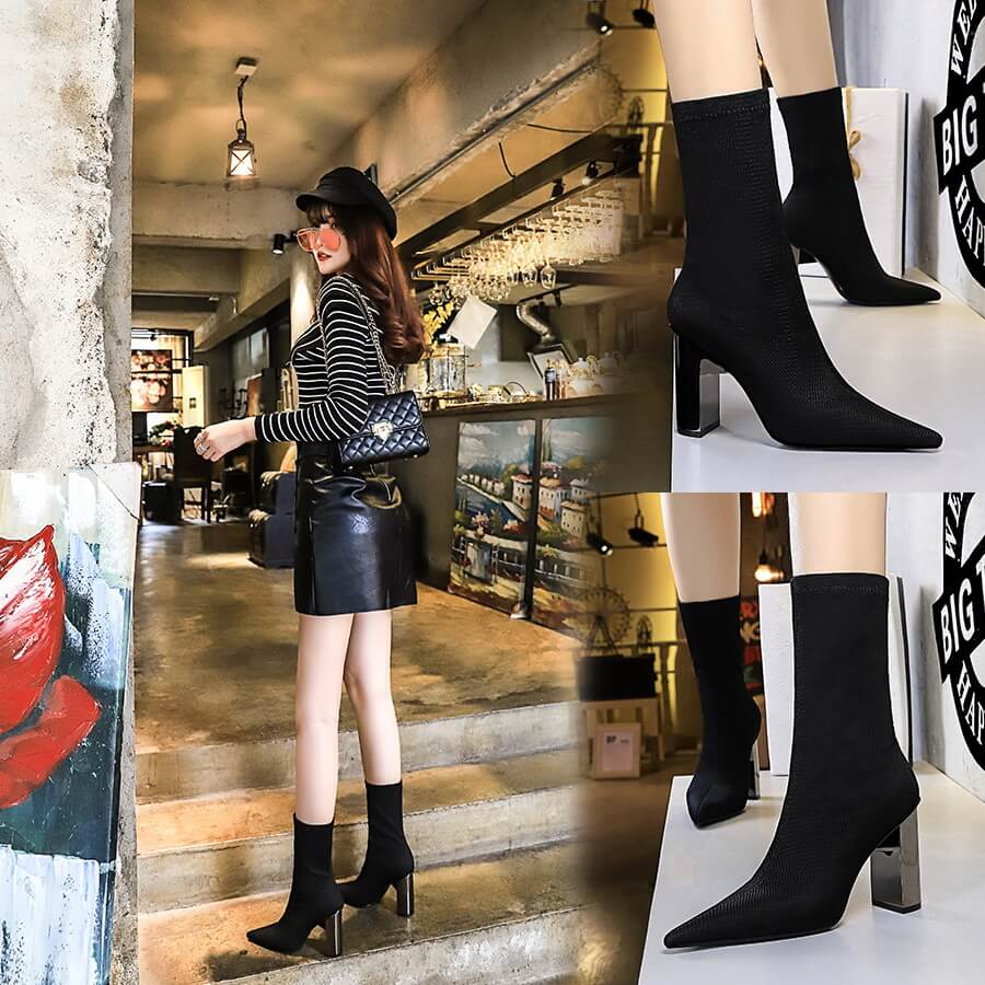 Sexy Black Point Toe Wool High Chunky Heel Calf Boots