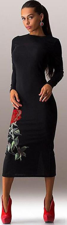Rose Print Long Sleeve Back Zipper Bodycon Long Dress
