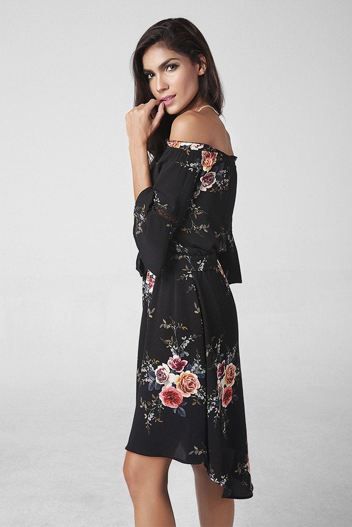 Off Shoulder Trumpet 3/4 Sleeves Irregular Flower Print Short Dress
