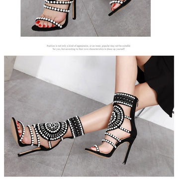 Fashionable Hollowed-out Rhinestone Stiletto Roman Sandals