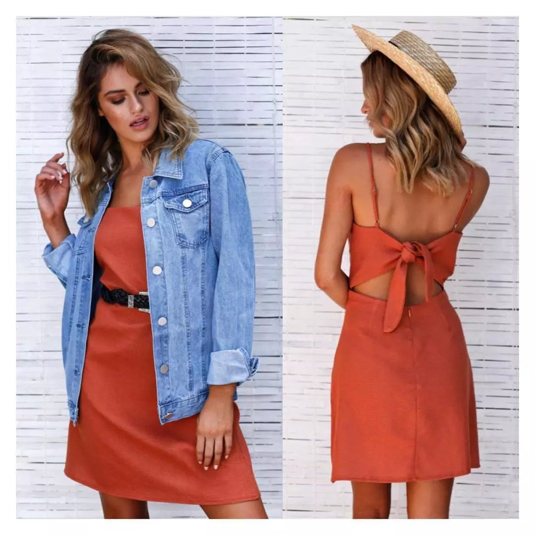 Pure Color Spaghetti Straps Sleeveless Backless Short Dress