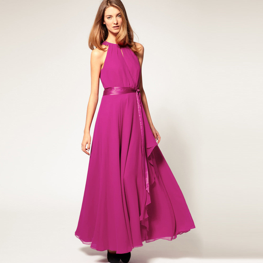 Chiffon Pure Color O-neck Irregular Sleeveless Long Dress - May Your Fashion - 7