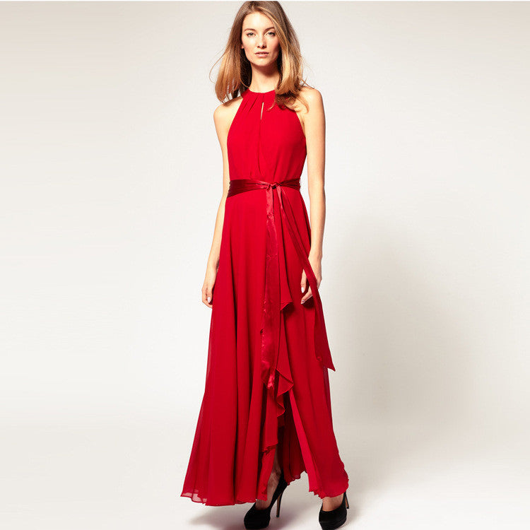 Chiffon Pure Color O-neck Irregular Sleeveless Long Dress - May Your Fashion - 9