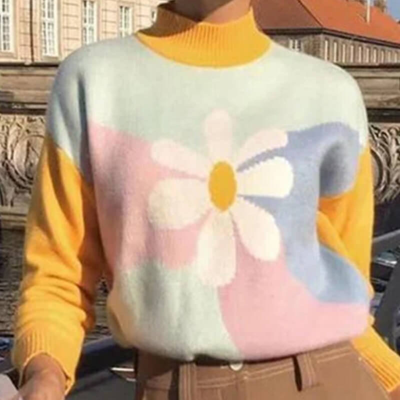 Flower Pattern Colorblock Sweater