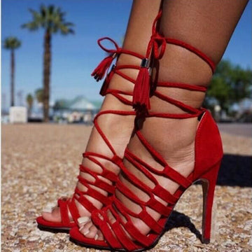 Summer Red Suede Strap Cutout High Heel Sandals