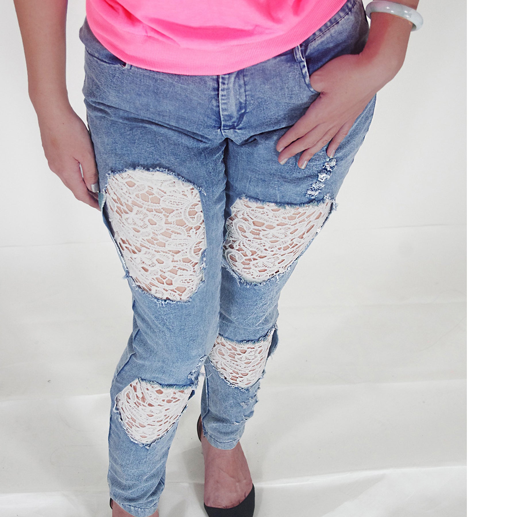Lace Denim Patchwork Cut Out Long Skinny Jeans