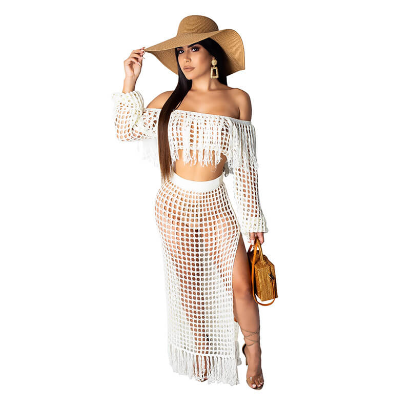 Off Shoulder Crop Top Perspective MAXI Skirt Set