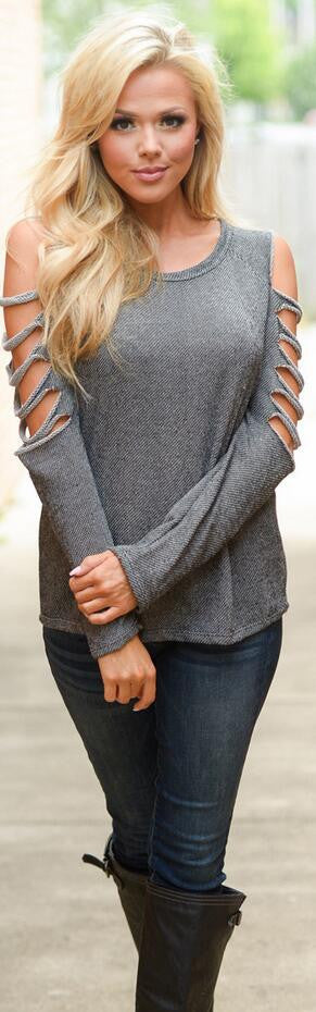 Fashion Hollow Out Long Sleeve Scoop Gray Blouse
