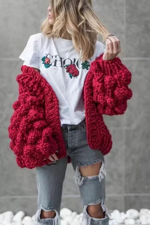 Handmade Knitwear Long Ball Bishop Sleeves Women Cardigan