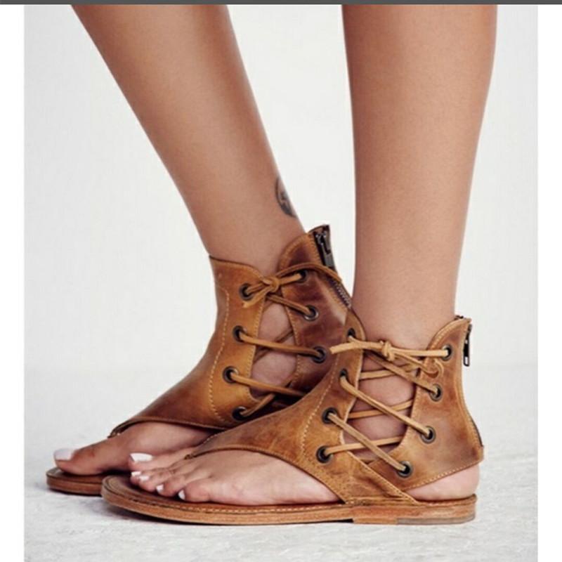 Lace Up Thong Back Zipper Women Flat Beach Sandals with Plus Size